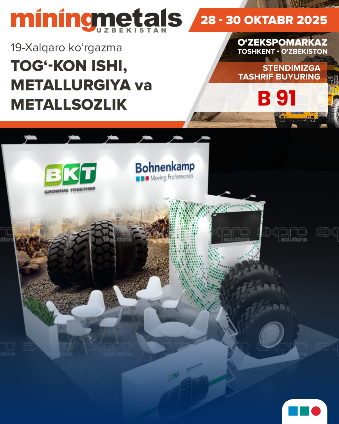 28-30-oktyabr kunlari Sizni Toshkent shahridagi "O‘zekspomarkaz" MKKda o‘tkaziladigan 19-"Konchilik, metallurgiya va metallga ishlov berish – MiningMetals Uzbekistan 2025" xalqaro ko‘rgazmasiga tashrif buyurishga taklif etamiz